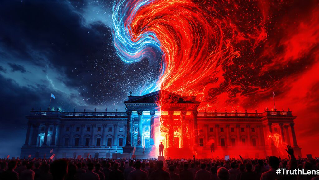 भारतीय राजनीति में गुस्सा क्यों पैदा किया जाता है – लोकतंत्र और भावनात्मक ध्रुवीकरण का प्रतीकात्मक 3D दृश्य